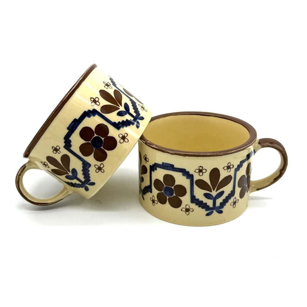 VTG japan stoneware otigari style cream blue brown floral coffee tea mug SET X2